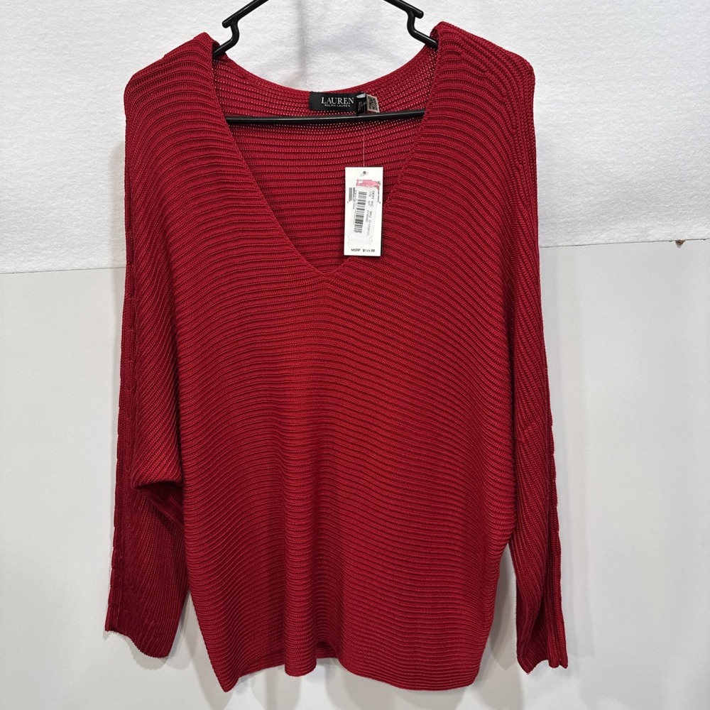 Ralph Lauren Women's Rib-Knit Dolman-Sleeve Sweater, Festive Red, 2XL NWT